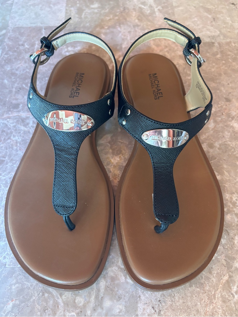 Michael Kors Black and Brown Leather T-strap Sandals